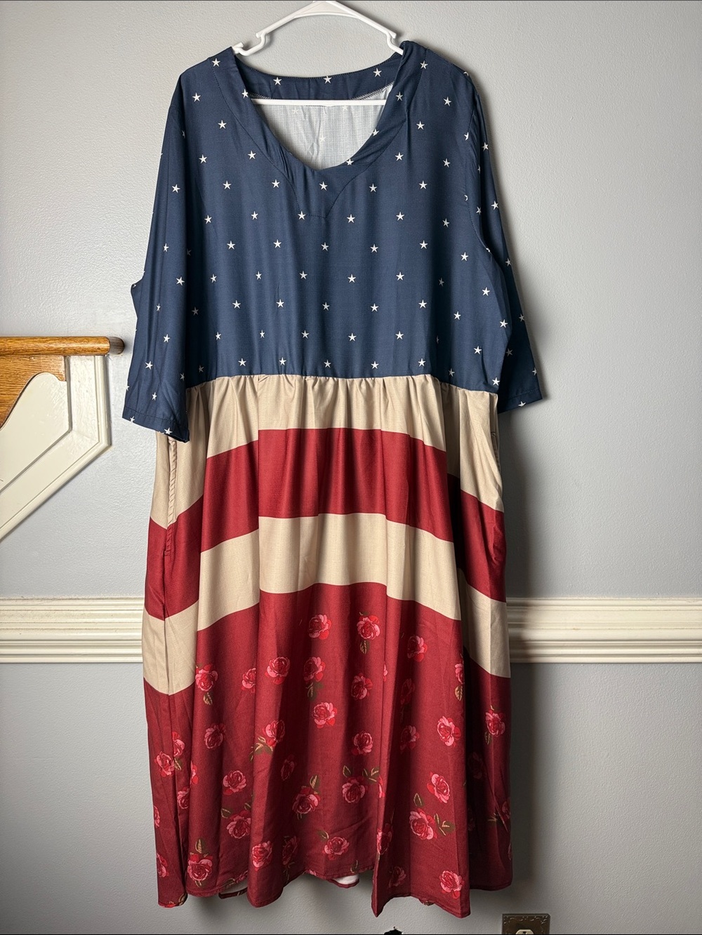 Sleeve Star & Floral Colorblock Midi Dress - Navy, Cream & Red July 4th